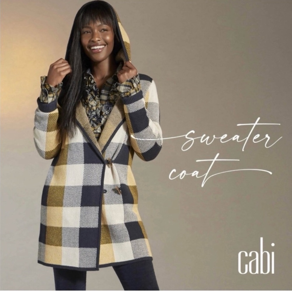 NWOT CAbi Checkered Hooded Sweater Coat, style 4229, size medium